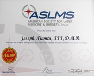 American Society for Laser Medicine & Surgery certificate, Dr Niamtu, Richmond VA