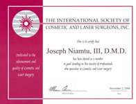 International Society of Cosmetic and Laser Surgeons certificate, Dr Niamtu, Richmond VA
