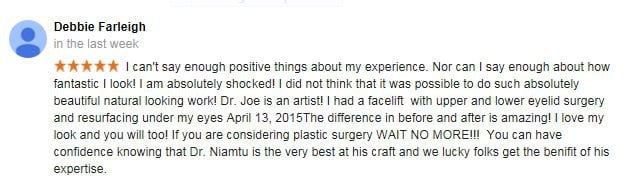 Dr Niamtu Review - I can't say enough positive things about my experience. Nor can I say enough about how fantastic I look!...The difference between before and after is amazing!