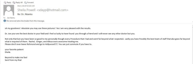 reviews for Dr Niamtu thanking him for laser resurfacing treatment