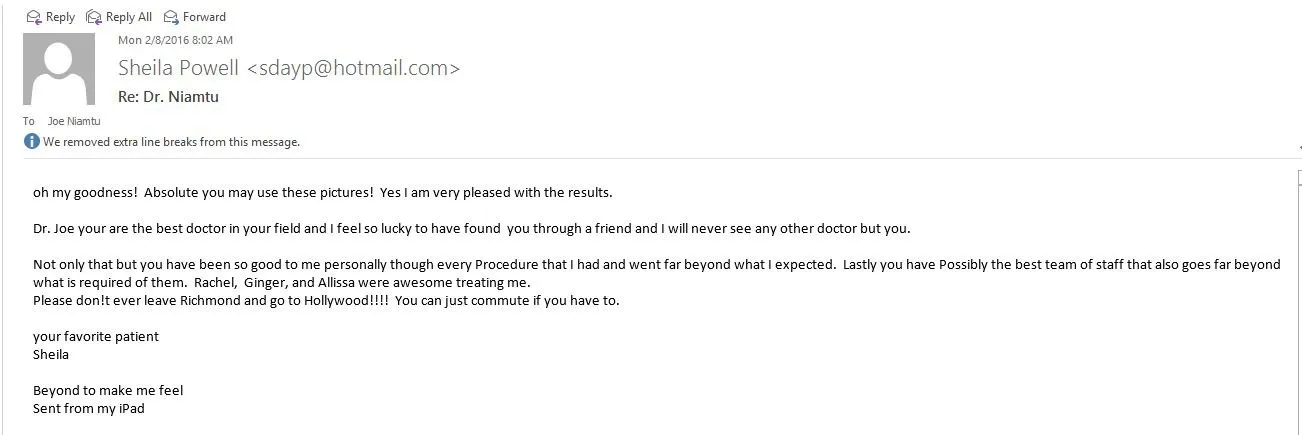 reviews for Dr Niamtu thanking him for laser resurfacing treatment