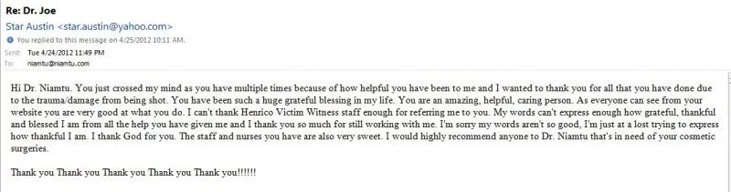 Thank you note to Dr. Niamtu in gratitude for treatment
