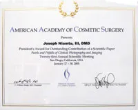 Dr. Niamtu received the President's Award from the American Academy of Cosmetic Surgery.