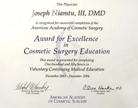 Dr. Niamtu has received an Award for Excellence in Cosmetic Surgery Education from the American Academy of Cosmetic Surgery.