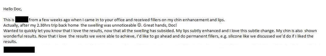 Letter from a pleased patient after fillers on chin enhancement and lips.