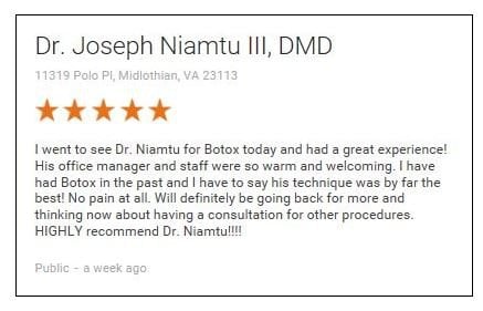 Dr Niamtu Review: I have had Botox in the past and I have to say that his technique was by far the best! No pain at all...HIGHLY recommend Dr. Niamtu!!!!!