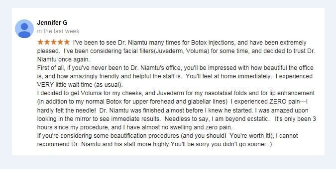 I decided to get Voluma...and Juvederm...in addition to Botox...I experienced ZERO pain...I was amazed upon looking in the mirror to see immediate results...almost no swelling and zero pain.