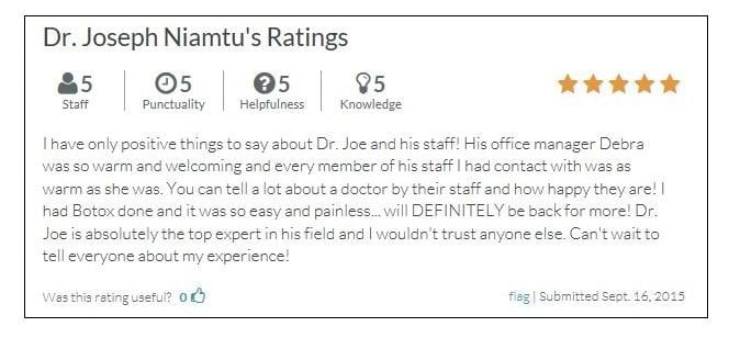 Dr Niamtu Review - I have only positive things to say about Dr Niamtu...I had Botox done and it was so easy and painless...Dr Joe is absolutely the top expert in his field and I wouldn't trust anyone else.